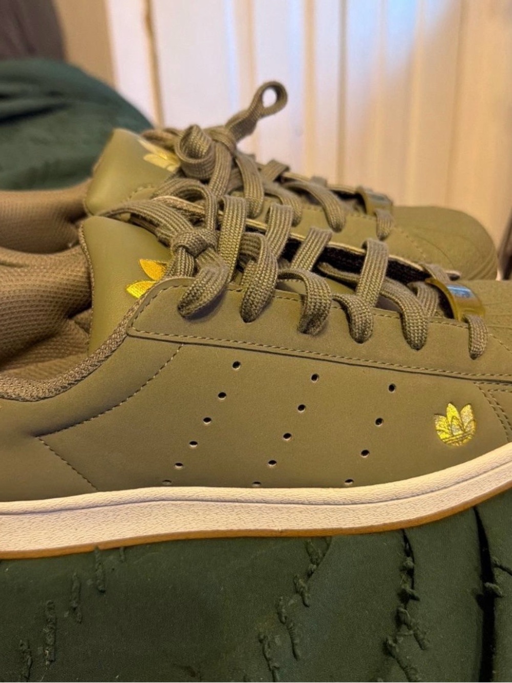 Adidas Olive Green Leather Sneaker with Gold Trefoil